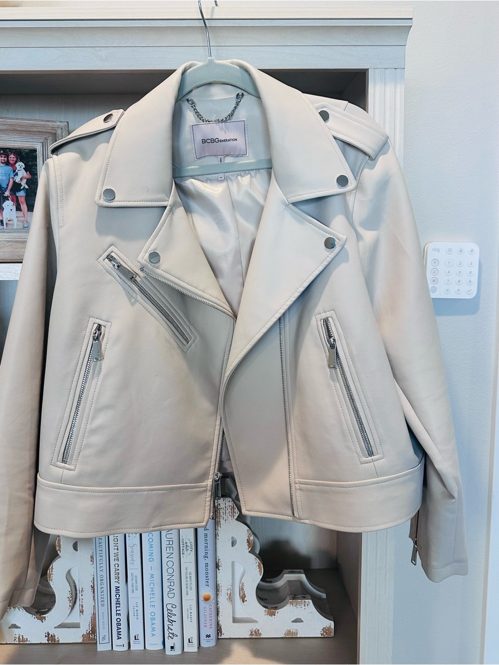 BCBGeneration Cream Leather Moto Jacket with Silver Hardware